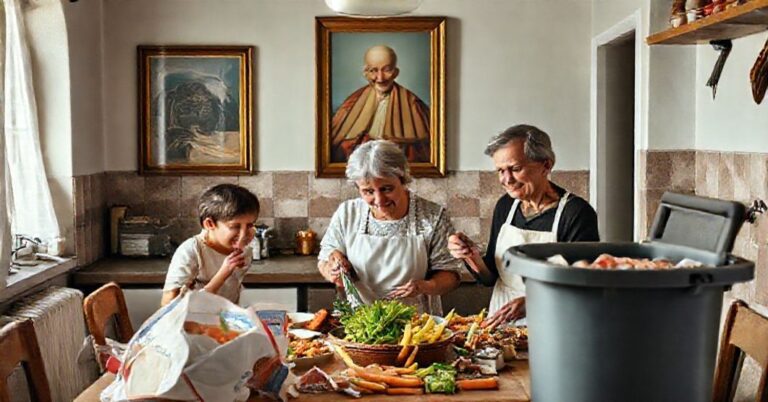 Tradycyjna katolicka rodzina gotuje zdrową żywność w domu z portretem Piusa XII w tle.