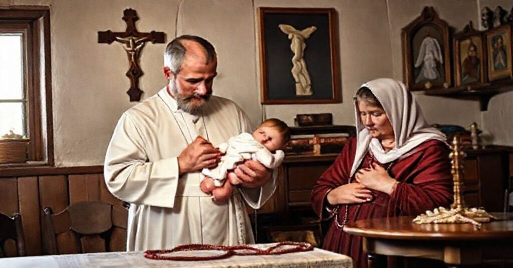 Tradycyjna katolicka rodzina z ojcem trzymającym dziecko obok matki karmiącej piersią w domowym wnętrzu z religijnymi symbolami.