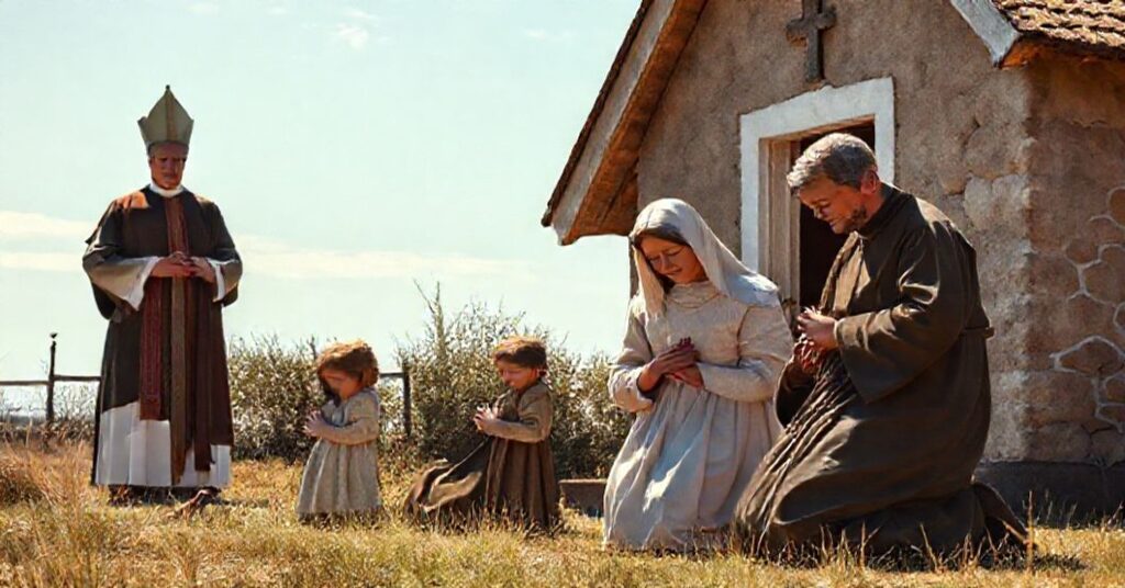 Tradycyjna rodzina katolicka modlącą się przed kaplicą z biskupem obserwującym na tle prostych krajobrazów