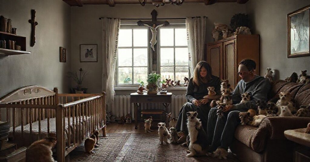 Melancholiczne ujęcie katolickiego domu w Włoszech, kontrastujące z nowoczesnym parą otoczoną zwierzętami zamiast dziećmi.