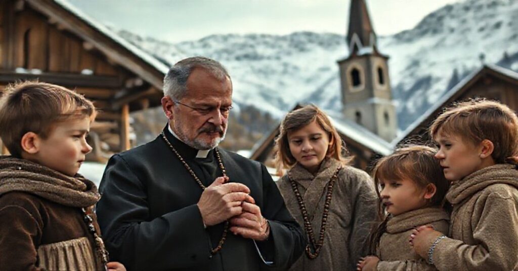 Tradycyjna katolicka rodzina w alpejskiej wiosce modli się do różańca pod okiem Ojca Rodziny.