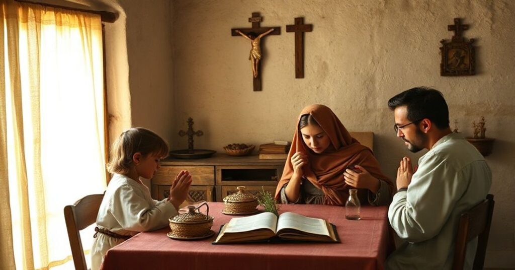 Tradycyjna katolicka rodzina modli się w skromnym domu wiejskim z krzyżem na ścianie i biblią na stole.