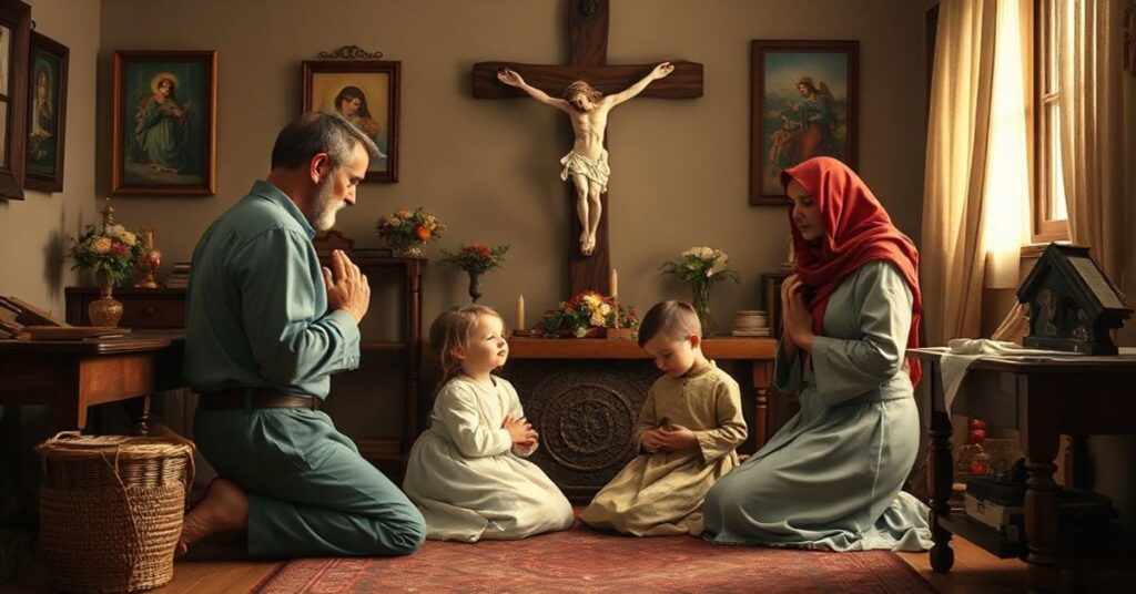 Pokorny rodzicielski dom katolicki z rodziną modlącą się razem przy krzyżu