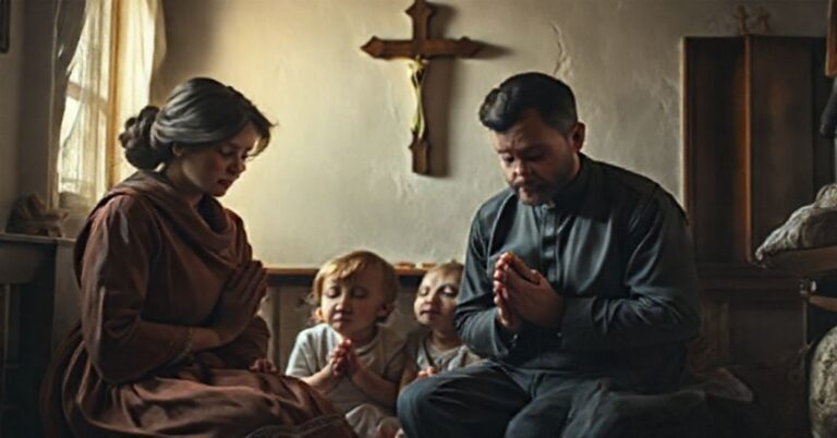 Tradycyjna katolicka rodzina modli się razem w domu, podkreślając sakramentalność małżeństwa i rodzinę jako instytucję boską