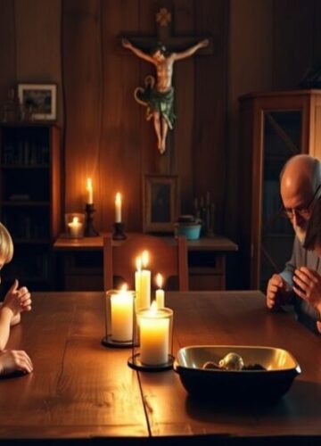 Tradycyjne katolickie wychowanie - modlitwa jako podstawowa ochrona Tradycyjna katolicka rodzina modląca się razem w domu przy świecach