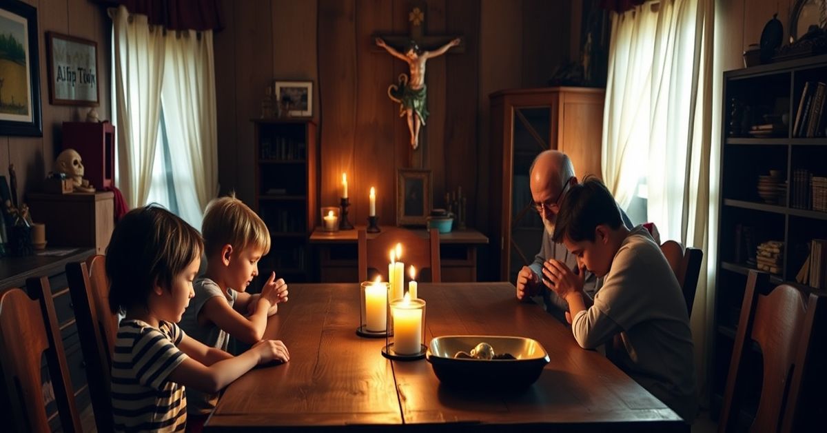 Tradycyjne katolickie wychowanie - modlitwa jako podstawowa ochrona Tradycyjna katolicka rodzina modląca się razem w domu przy świecach