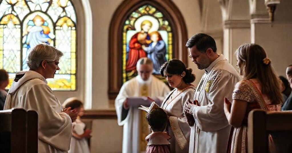 Sobór katolicki z rodziną modlącą się w tradycyjnej kaplicy z księdzem w ornatach.