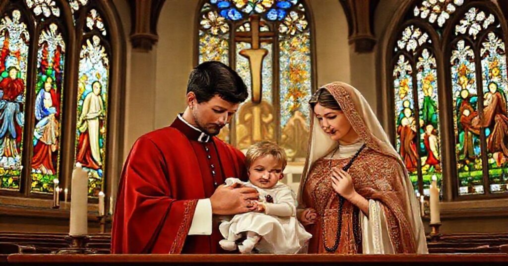 Tradycyjna katolicka rodzina przy ołtarzu w kościele, podkreślająca świętość rodzicielstwa.