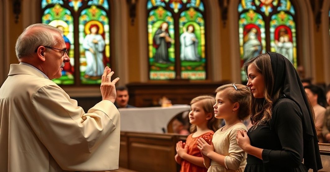 Rodzina katolicka modłąca się w tradycyjnym koście z księdzem modlącym się nad nimi.
