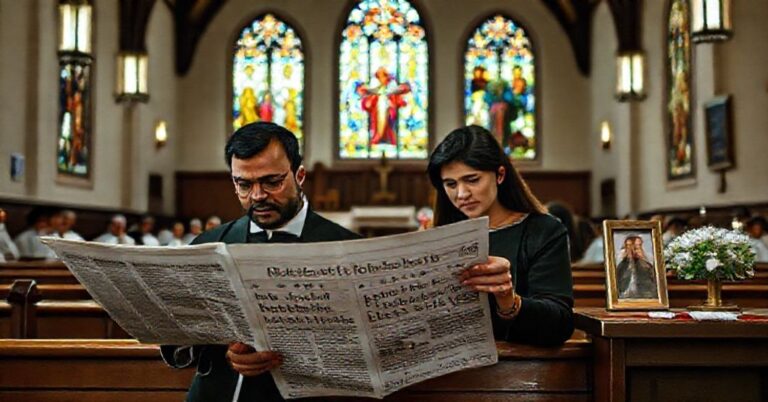 Wnętrze kościoła katolickiego podczas tradycyjnej mszy w obrządku łacińskim. W tle witraże przedstawiające sceny biblijne. Na pierwszym planie rodzina katolicka czyta gazetę z informacją o projekcie ustawy C-9 w Kanadzie zmieniającej prawo o mowie nienawiści. Ojciec wygląda na poważnego podczas czytania artykułu o posłach Jamilu Jivanimu i Marcie Millerze.