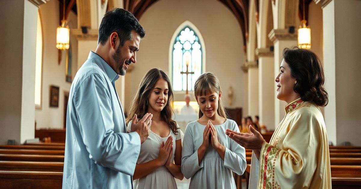 Tradycyjna katolicka rodzina modli się w kościele, podkreślając ważność wiary i sakramentów w rozwiązywaniu kryzysu demograficznego.