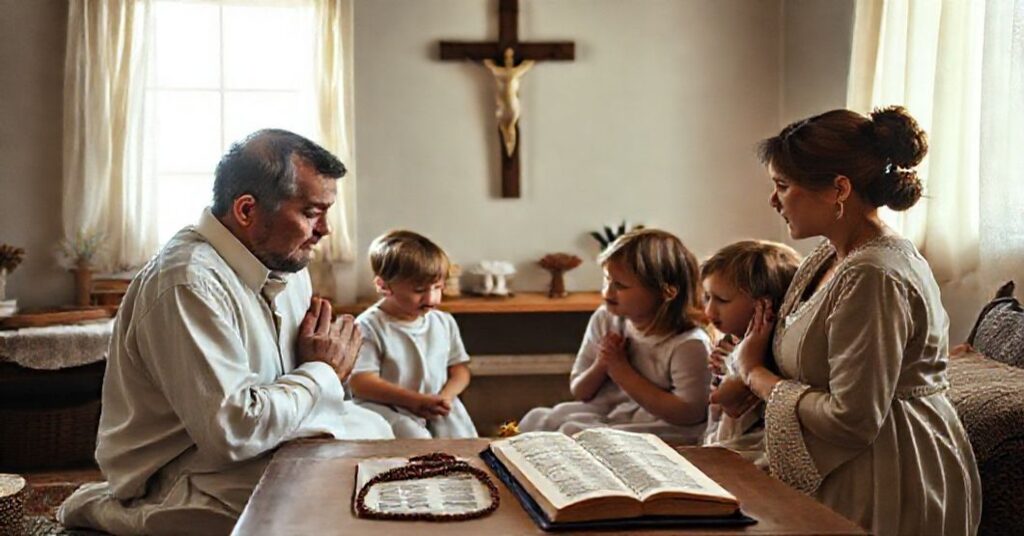 Tradycyjna katolicka rodzina modli się razem w pokoju z krzyżem i symbolami sakramentalnymi.