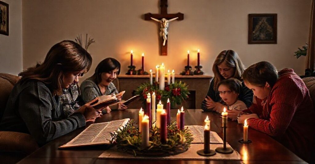 Rodzina katolicka w modlitwie adwentowej z Biblią i święconym wieńcem.