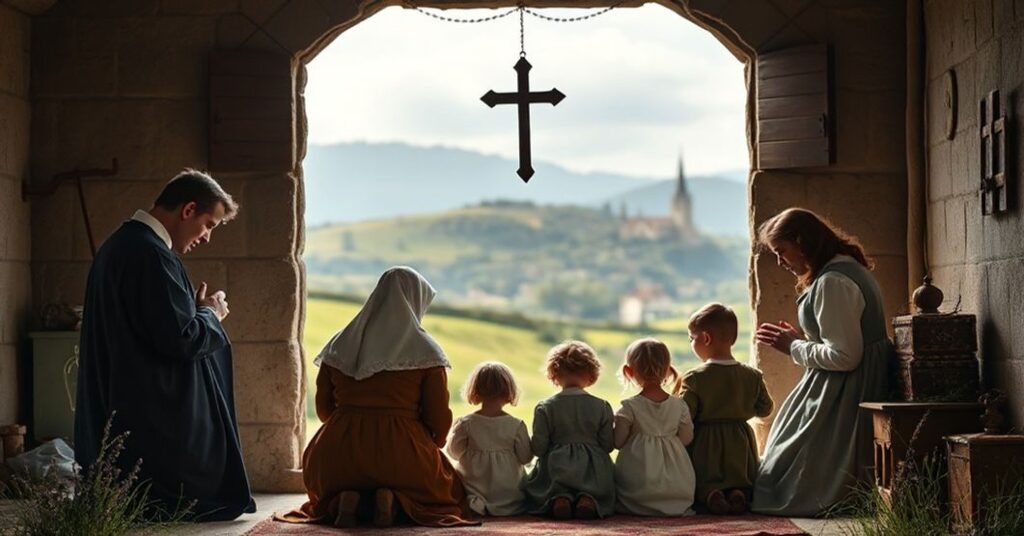 Tradycyjna katolicka rodzina modląca się przed domem w scenie odzwierciedlającej nauki z Casti Connubii