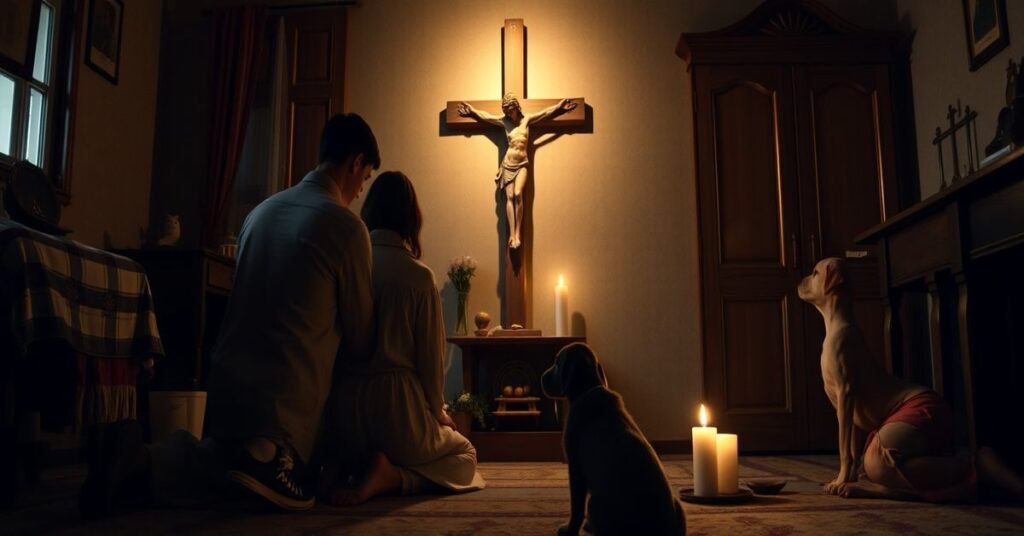 Tradycyjna katolicka rodzina w modlitwie przed krucyfiksem w pokoju oświetlonym świecami