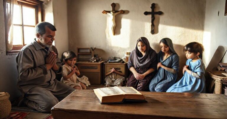 Tradycyjna katolicka rodzina modli się w pokojnej atmosferze domowej po otrzymaniu pomocy charytatywnej