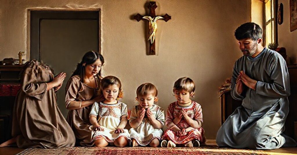 Tradycyjna katolicka rodzina modli się wspólnie w pokojowym domu z krucyfiksem na ścianie.