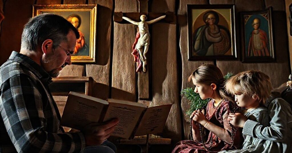 Pobożna katoliczka rodzina modląca się przed krzyżem w tradycyjnym domu polskim