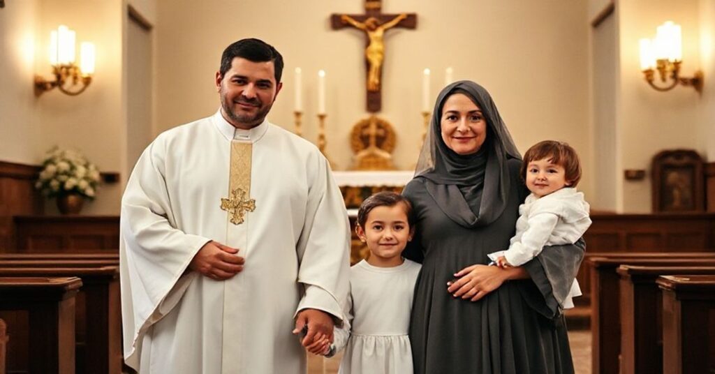 Tradycyjna katolicka rodzina modli się w kościele przed ołtarzem z krzyżem.