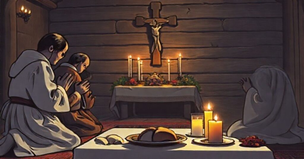 Tradycyjna katolicka rodzina w modlitwie podczas Wigilii BoŻego Narodzenia przed prostym ołtarzem z krzyżem i świecami. Tło przedstawia skromny posiłek z chlebem i wodą. Scena podkreśla powagę i czekanie na narodziny Chrystusa.