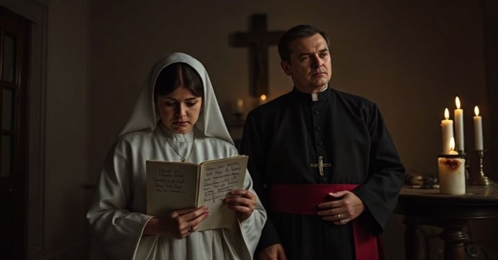 Poważna katolicka rodzina w tradycyjnych strojach stoi w przytłaczająco ciemnej sali. Matka trzyma zeszyt dziecka z notatką o upadku moralnym, ojciec patrzy w przeciąg z rezygnacją. Na tle niekompletny znicz symbolizuje zanik wiary w nowoczesnym świecie.