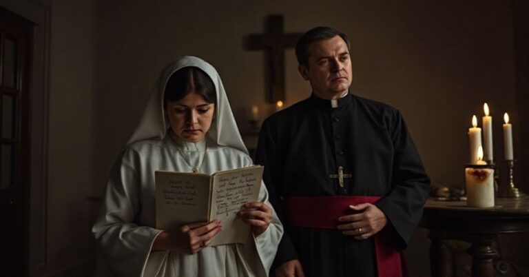 Poważna katolicka rodzina w tradycyjnych strojach stoi w przytłaczająco ciemnej sali. Matka trzyma zeszyt dziecka z notatką o upadku moralnym, ojciec patrzy w przeciąg z rezygnacją. Na tle niekompletny znicz symbolizuje zanik wiary w nowoczesnym świecie.