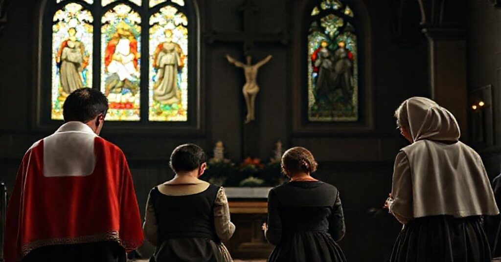 Tradycyjna katolicka rodzina modli się w kościele przed krzyżem z flaga polską w tle. Scena symbolizuje obronę małżeństwa przed rewolucją moralną.