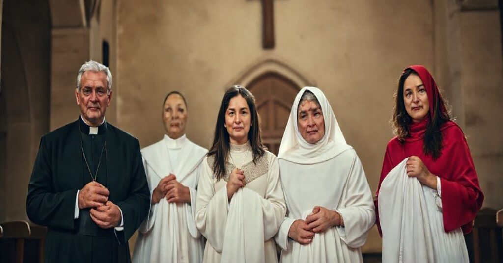 Tradycyjna katolicka rodzina w stroju tradycyjnym trzymająca białe ubrania jako symbole czystości i cnoty, na tle starego kościoła.