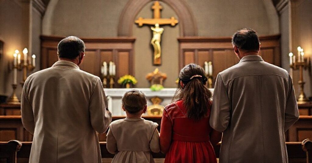 Sobór katolicki rodziny modlącej się przed ołtarzem w obecności krzyża, symbolizujący walkę o wolność religijną przed ideologicznym uciskiem.