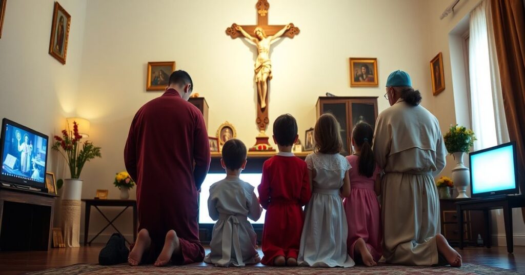 Katolicka rodzina modląca się przed krucyfiksem w tradycyjnym stroju, z rodzicami prowadzącymi dzieci od ekranu symbolizującego media społecznościowe.