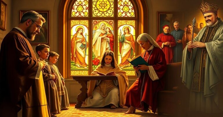 Poważna katolicka rodzina w tradycyjnej kaplicy, ołtarz z sakramentami i modlący się ojciec z różańcem i matką trzymającą Biblię. Tło przedstawia nowoczesnych biskupów w ekumenicznych spotkaniach z heretykami.