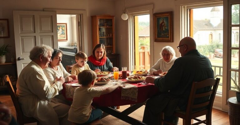 Rodzina katolicka zbiera się w tradycyjnym domu, wspólnie spożywając posiłek. Otwarte drzwi i okna symbolizują szczerą wspólnotę i gościnność. Scena jest oświetlona ciepłym światłem naturalnym.