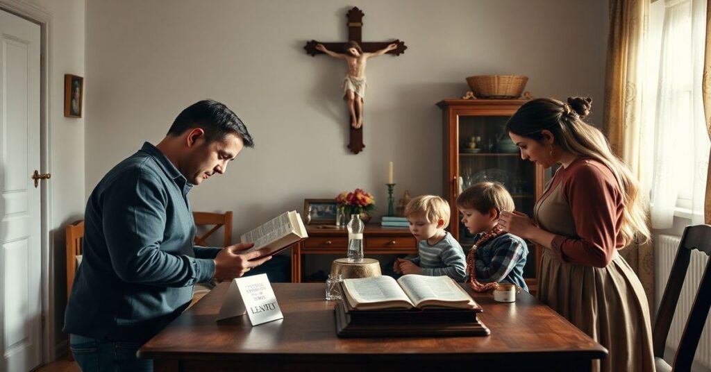 Tradycyjna katolicka rodzina modli się w domu w Wadowicach przed krzyżem z rygorystycznym przestrzeganiem nauki przedkoncyliarnej