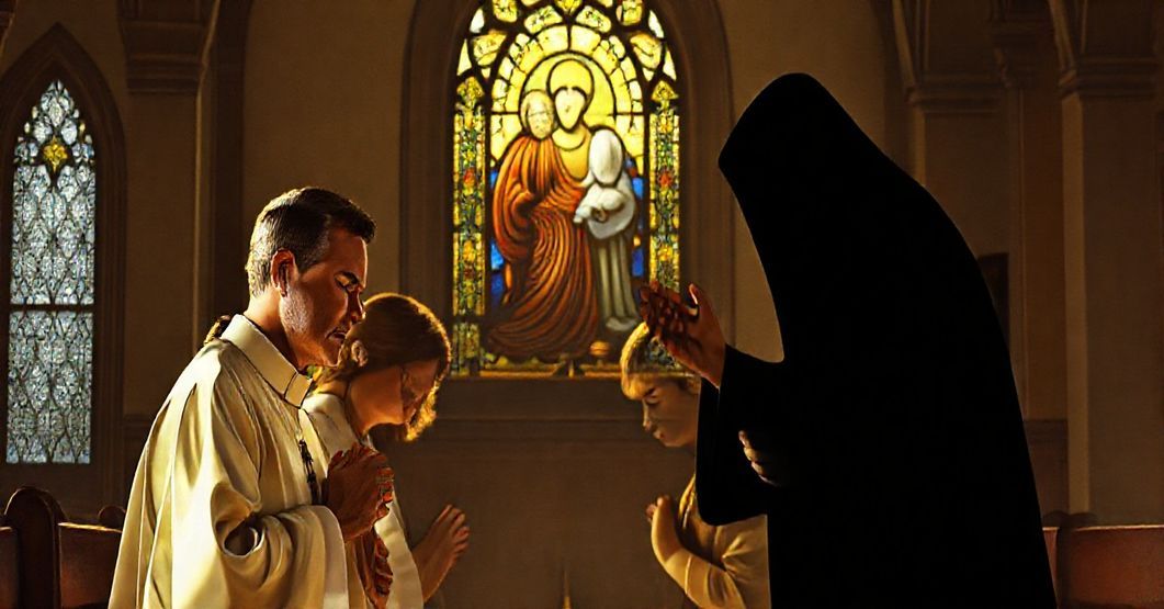 Tradycyjna katolicka rodzina modli się w kościele podczas próby atakowania jej przez ideologię współczesną.