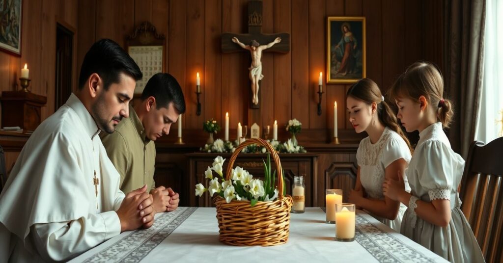 Katycka rodzina modli się przed krucyfiksem w Wielkanocnym domu