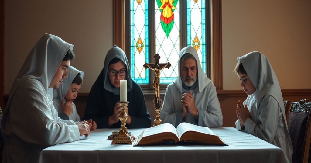 Pobozna rodzina w Wielkim Poście modli się przed krucyfiksem i Biblią
