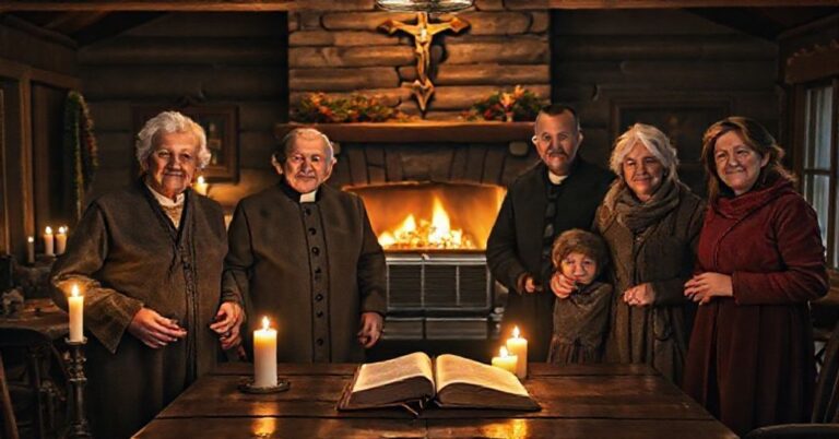 Stara katolicka rodzina stoi przed rustykalnym domem w świetle świątecznych świec, z Biblią i krucyfiksem w tle podczas Wigilii Bożego Narodzenia.
