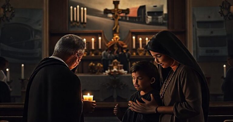 Katolicka rodzina modli się przed ołtarzem kościelnym z widokiem na Wolny Konwój w tle.