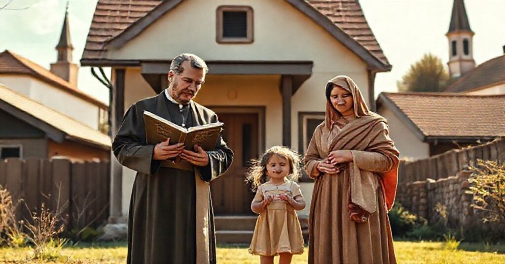 Katolicka rodzina przed domem z encyklikami Rerum Novarum i Quadragesimo Anno