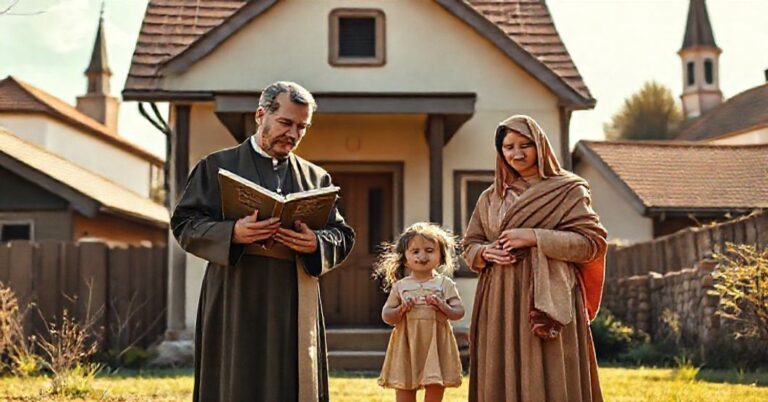 Katolicka rodzina przed domem z encyklikami Rerum Novarum i Quadragesimo Anno