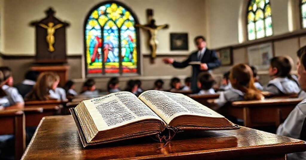 Sala szkolna katolicka z otwartą Biblią na biurku i uczniami w mundurach słuchającymi nauczyciela.