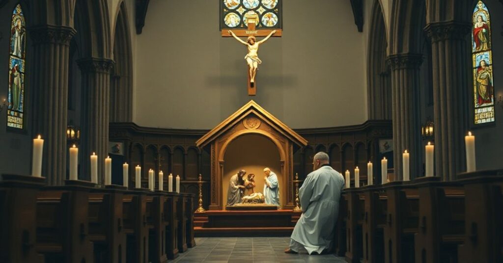 Sobótni kościół katolicki z tradycyjnymi elementami liturgicznymi i sceną Bożego Narodzenia w centralej części.