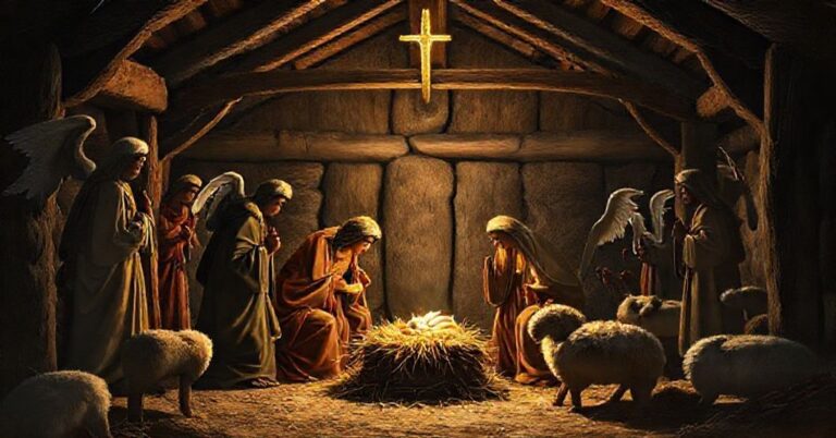 Tradycyjna katolicka scena Bożego Narodzenia z Świętą Rodziną w szopie, otoczoną pasterzami i aniołami.
