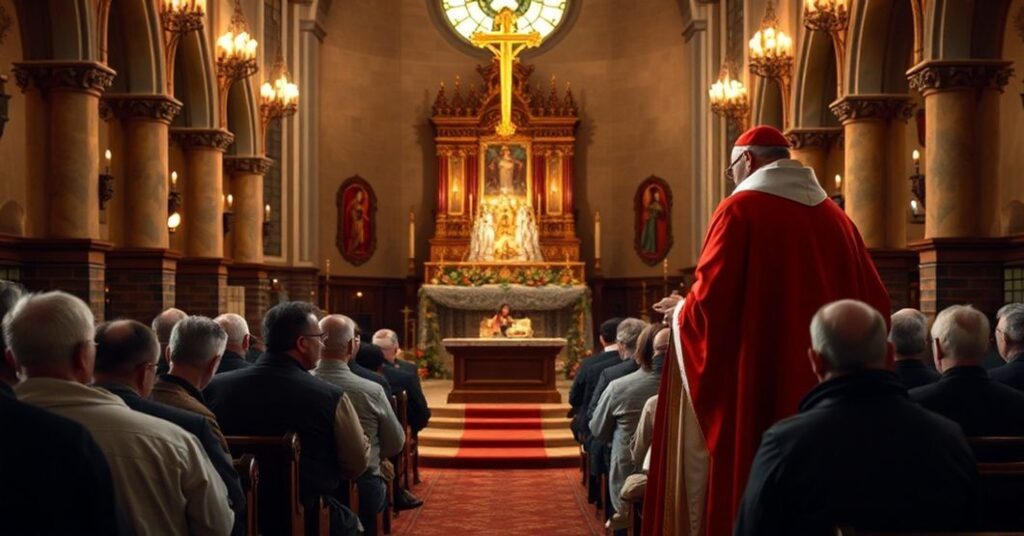 Wnętrze tradycyjnego kościoła katolickiego podczas Bożego Narodzenia z przedstawieniem sceny narodzin Jezusa. Kapłan w liturgicznych szatach stoi przed ołtarzem trzymając monstrancję z Najświętszym Sakramentem, podczas gdy grupa samotnych i biednych ludzi klęczy w modlitwie.