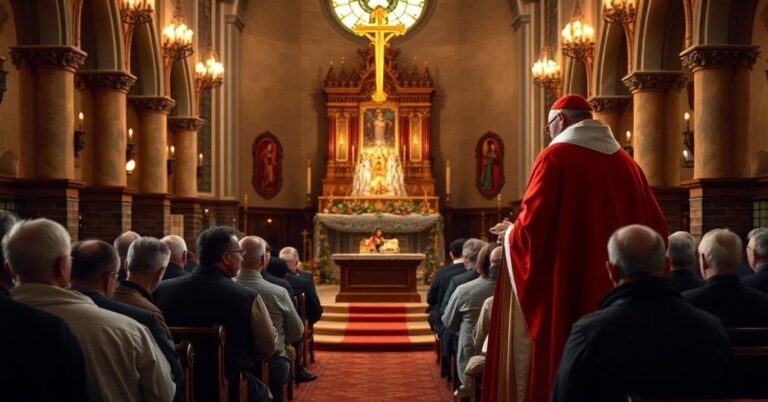 Wnętrze tradycyjnego kościoła katolickiego podczas Bożego Narodzenia z przedstawieniem sceny narodzin Jezusa. Kapłan w liturgicznych szatach stoi przed ołtarzem trzymając monstrancję z Najświętszym Sakramentem, podczas gdy grupa samotnych i biednych ludzi klęczy w modlitwie.