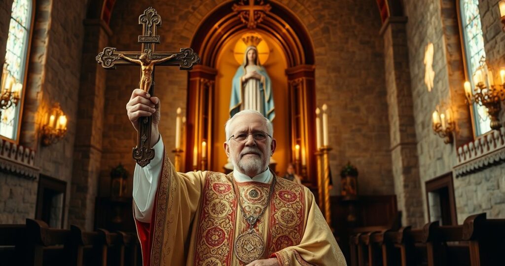 Realistyczne zdjęcie katolickiego duchownego w świątyni, trzymającego krucyfiks przed obrazem Maryi z koronami, symbolizujące tradycyjną pobożność i szacunek dla katolickiej nauki.