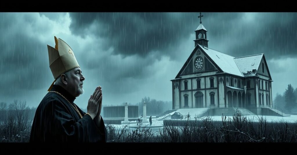 Scena katolicka przedstawiająca ekstremalne warunki pogodowe w Polsce z modlącym się kapłanem i zniszczonym sanktuarium w Fatimie