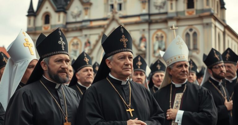 Fotografia realistyczna katolickiej sceny z duchownymi przed katedrą Gniezna, ukazująca powagę i wierność tradycyjnemu nauczaniu Kościoła