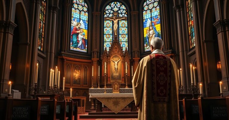 Realistyczny obraz starszego kapłana w tradycyjnych szatach katolickich podczas modlitwy w kościele, z ołtarzem, świecami i witrażami w tle, symbolizujący wiarę i tradycję.