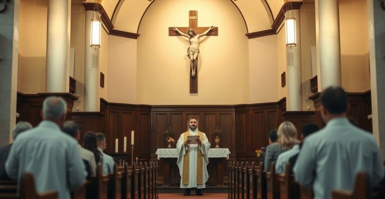 Religijna scena w katolickiej świątyni z kapłanem w vestmentach, oddającym cześć Krzyżowi, symbolizująca autentyczną katolicką pobożność
